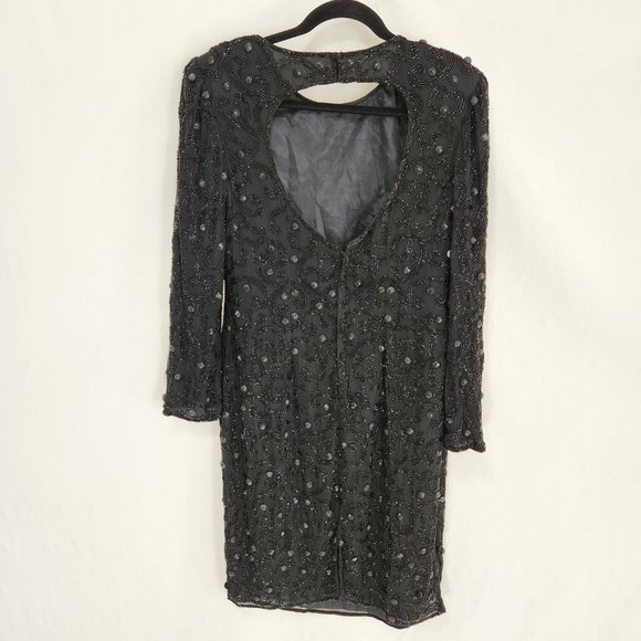 Vintage JOAN LESLIE Hollywood-Fairy-Tale Beaded Black Silk Sheath Dress Size 10. - Picture 3 of 16